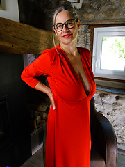 Big breasted hairy grandma Busty Tina invites you to her cabin and have fun